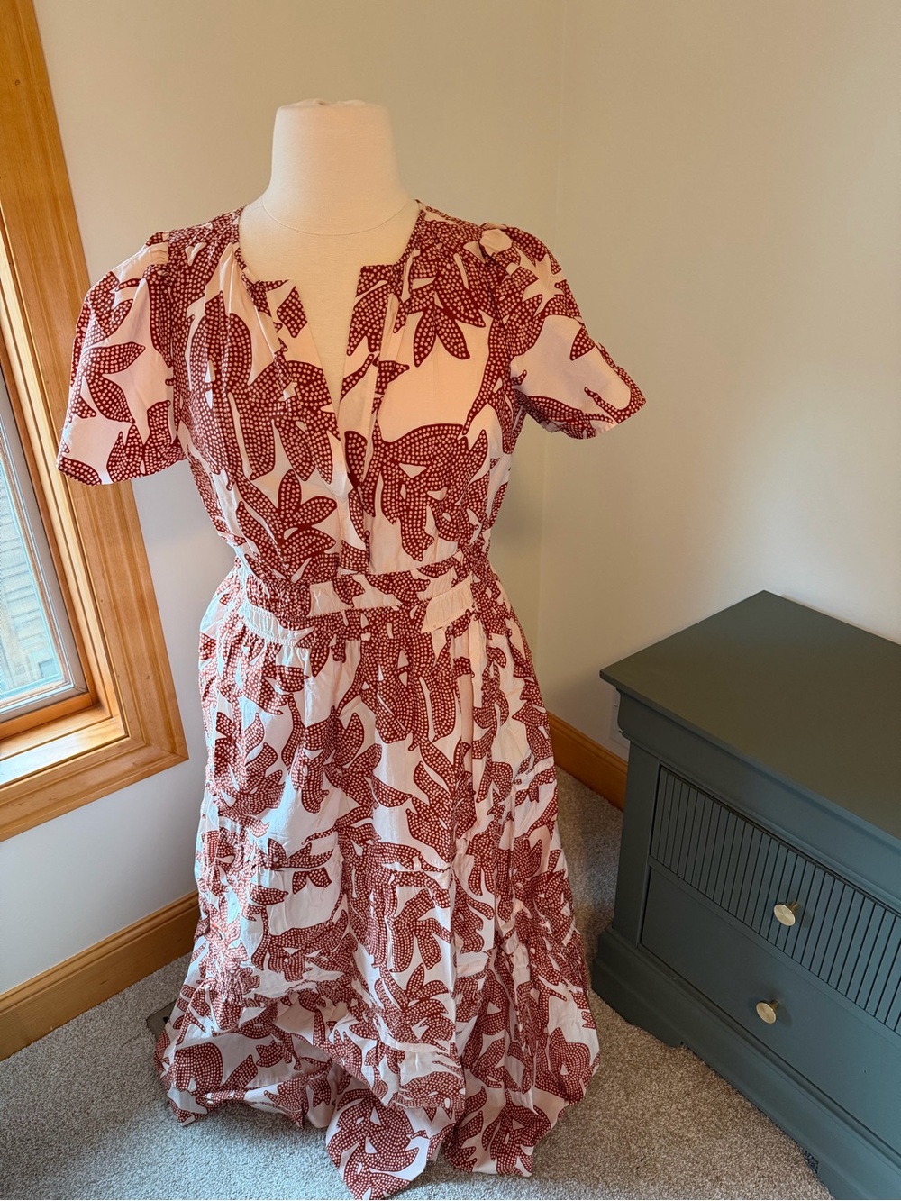 Anthropologie White & Rust Leaf-Print Short-Sleeve Maxi Dress